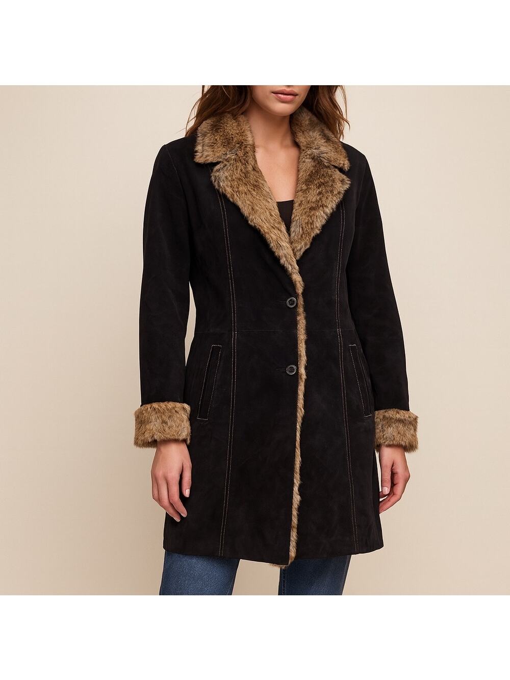 Wilsons Leather Maxima Penny Lane Fur Trimmed Coat Matching Gloves